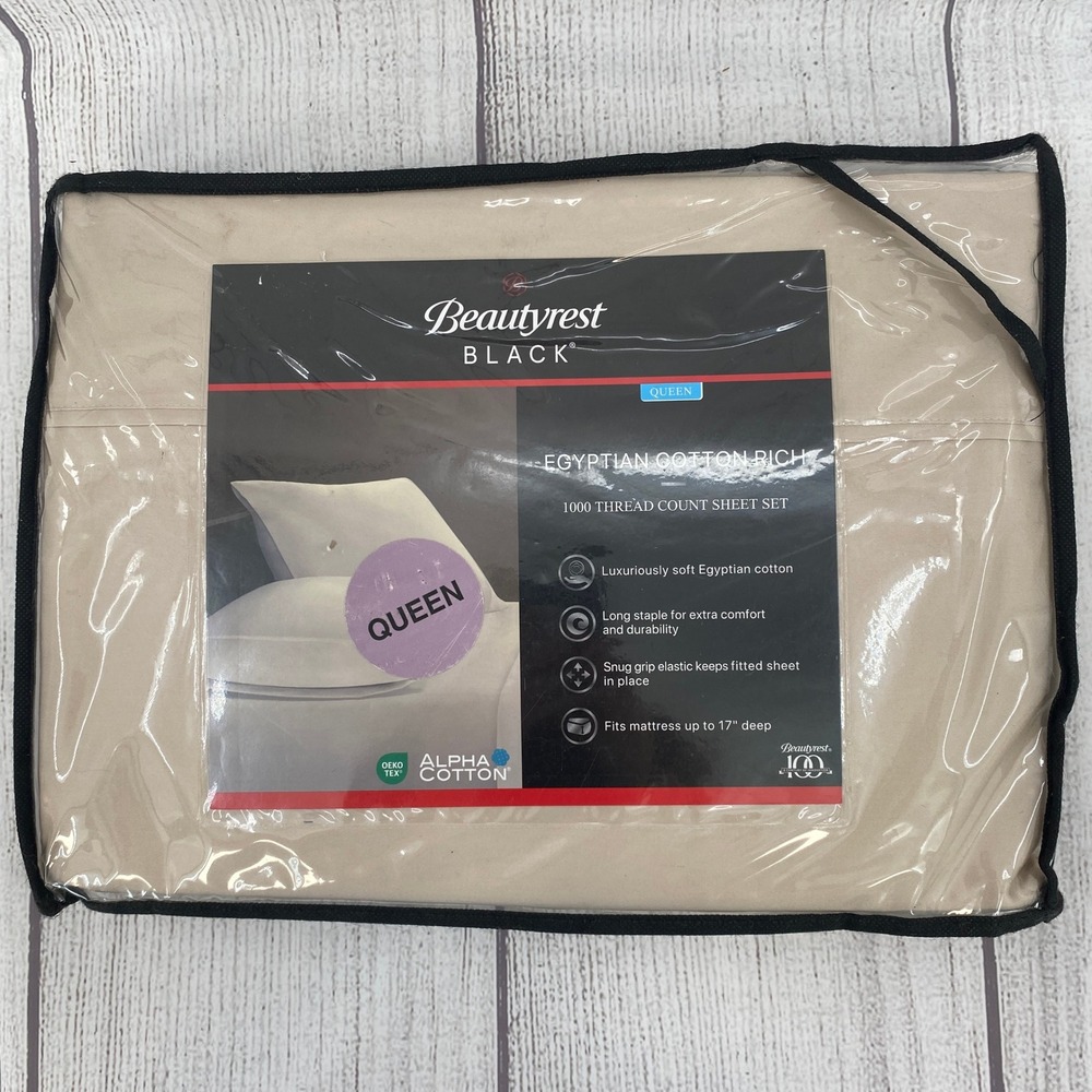 Beautyrest Black Sheet Set Queen Oatmeal 1000TC Egyptian Cotton Rich Deep Pocket